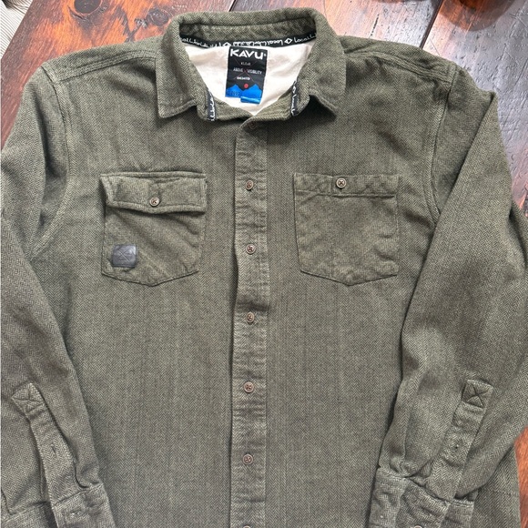 KAVU Dark Olive Herringbone Shirt - Picture 1 of 3